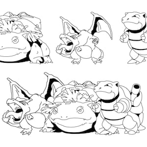 May include: Black and white line art illustration of four Pokemon characters. The characters are a turtle-like Pokemon with a shell, a dragon-like Pokemon with wings, and two other Pokemon with spiky hair.