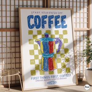 Vintage Coffee Espresso Poster, Coffee Time Wall Art, Retro Kitchen Decor, Moka Pot Print, Italian Coffee Art, Coffee Lover Gift