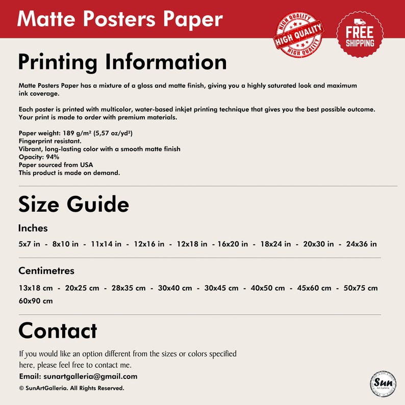 May include: An informational graphic for matte poster paper detailing printing specifications, including a paper weight of 189 g/m2, fingerprint resistance, and a smooth matte finish. A size guide lists dimensions in inches from 5x7 to 24x36 and centimeters.