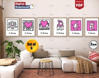 Keith Haring Set of 6,Exhibition Poster,Keith Haring Poster Pink,Gallery Wall Set,Pop Art Home Decor,Digital, Museum Poster,Pop Art Print,