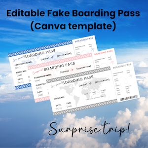 Überraschungsreise Reveal, Gefälschte Bordkarte, Gefälschtes Ticket, Weihnachtsgeschenk Enthüllen, Gefälschtes Flugticket - Ausfüllbare und bearbeitbare Canva-Vorlage