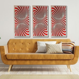 May include: Three abstract wall art panels with a red and white swirling pattern. The panels are hanging on a white wall above a brown couch.