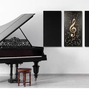 May include: A black grand piano with a music stand and three black and gold wall panels featuring a treble clef and musical notes.