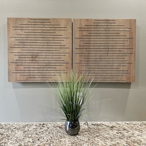 May include: Two square wooden acoustic panels with a horizontal slat design. The panels are light brown with black slats and are mounted on a light gray wall. A small green plant in a black pot is in the foreground.