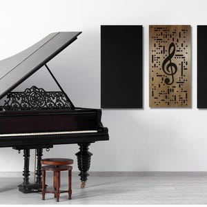 May include: A black grand piano with an open lid, ornate detailing, and a small stool. The scene includes a music stand and wall art with a treble clef design, creating a musical theme.