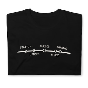Könnte beinhalten: Schwarzes T-Shirt mit einer weißen Grafik einer Zeitleiste, die die Phasen eines Raketenstarts zeigt: Start, Abheben, Max-Q, MECO und Verkleidung.