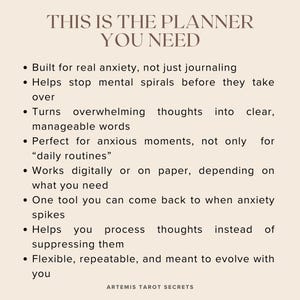 May include: Text on a cream background reads "THIS IS THE PLANNER YOU NEED." Bullet points describe the planner's features, including managing anxiety and processing thoughts. The text "ARTEMIS TAROT SECRETS" is at the bottom.