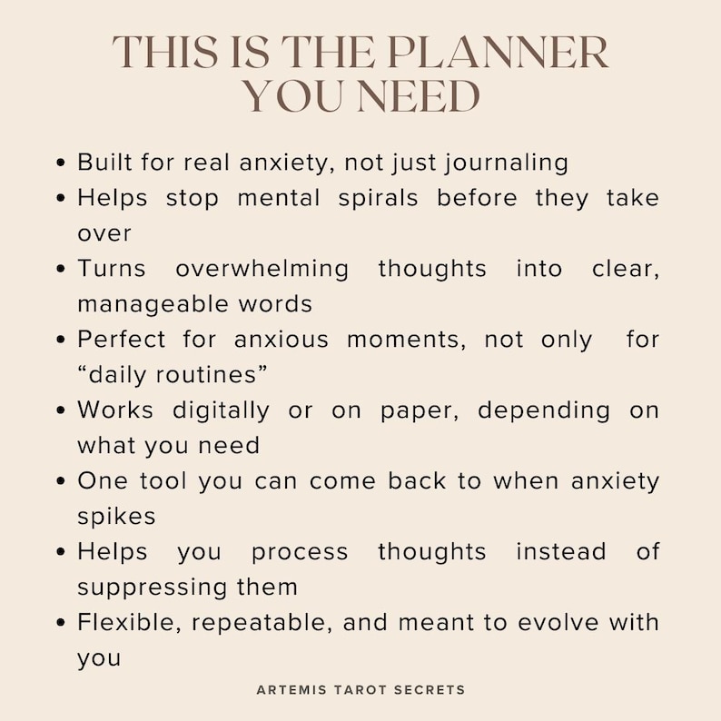 May include: Text on a cream background reads "THIS IS THE PLANNER YOU NEED." Bullet points describe the planner's features, including managing anxiety and processing thoughts. The text "ARTEMIS TAROT SECRETS" is at the bottom.