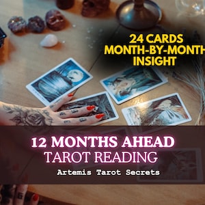 May include: Tarot cards with illustrations are displayed on a wooden table. The image includes the text "24 CARDS MONTH-BY-MONTH INSIGHT" and "12 MONTHS AHEAD TAROT READING Artemis Tarot Secrets."