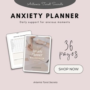 May include: Anxiety Planner advertisement with the text "Anxiety Planner" and "Daily support for anxious moments." The image shows two tablets, one with a behavior tracker and the other with the planner open. The ad also says "36 pages" and "Shop Now."
