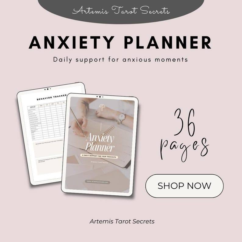 May include: Anxiety Planner advertisement with the text "Anxiety Planner" and "Daily support for anxious moments." The image shows two tablets, one with a behavior tracker and the other with the planner open. The ad also says "36 pages" and "Shop Now."