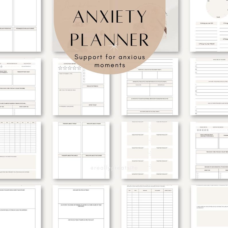 May include: Anxiety Planner with the text "ANXIETY PLANNER Support for anxious moments." The planner pages are white with beige accents and include sections for tracking thoughts, feelings, and goals. The pages are designed to help manage anxiety.