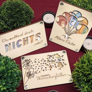 Geschenkkarte Geldgeschenk aus Holz, optionaler Wunschtext, 27 Motive - zum Geburtstag, Jahrestag, Valentinstag, Weihnachten, Hochzeit,...