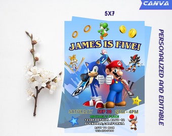 Mario und Sonic Thema Geburtstagsparty Einladung | Personalisierte und bearbeitbare Kindergeburtstagseinladung | Mario und Sonic Party Einladungsvorlage