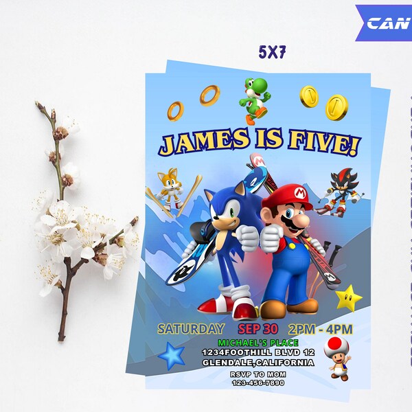 Mario and Sonic theme Birthday Party Invitation | Personalized and Editable Kids Birthday Invite | Mario and Sonic Party Invite Template