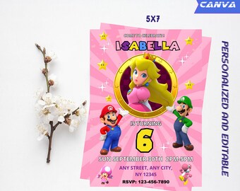 Invitación de la princesa Peach / Invitación digital de la princesa Peach de la chica rosa / Invitación de cumpleaños de la princesa Peach de Super Mario / Descarga digital