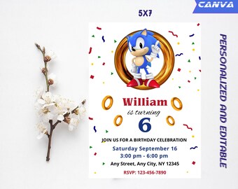Invitation Sonic personnalisée et modifiable | Invitation d'anniversaire sonique | Invitation à une fête sonique | Invitations de fête d'anniversaire imprimables