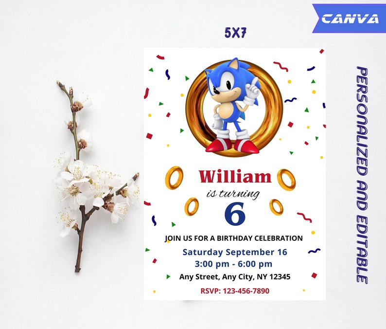 Op de afbeelding: Een 5x7 verjaardagskaart met Sonic the Hedgehog. De uitnodiging bevat de tekst "William wordt 6" met evenementdetails. Het ontwerp is gepersonaliseerd en bewerkbaar, met een Canva-logo.