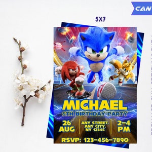 Faire-part d'anniversaire Sonic personnalisé et modifiable | Faire-part d'anniversaire de Sonic le hérisson | Toile numérique