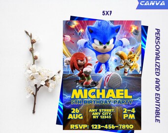 Gepersonaliseerde en bewerkbare Sonic verjaardagsuitnodiging | Sonic The Hedgehog verjaardagsfeestje uitnodigen | Digitale Canva