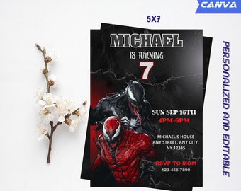 Gepersonaliseerde en bewerkbare Venom Carnage verjaardagsuitnodiging | Venom partij sjabloon | Digitaal downloaden
