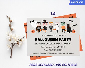 May include: A Halloween party invitation with a gray background and orange accents. The invitation features a group of cartoon characters dressed in Halloween costumes, including a vampire, a witch, a skeleton, a ghost, a Frankenstein, and a black cat. The text on the invitation reads "You're invited to a spooky Halloween party, Saturday October 29th at 6:00 PM, Any Street, Any City, NY 12345, Please RSVP 123-456-7890, Costume Encourage | Snacks and drinks will be served".