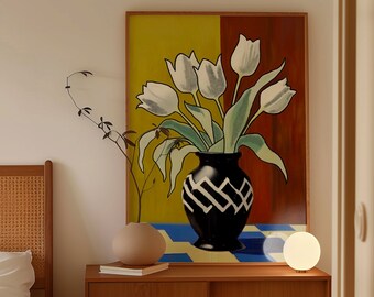 Impressão artística de tulipas - Pôster de tulipas brancas para quartos, sala de estar, arte de parede, flores brilhantes e coloridas, impressão moderna, presente de inauguração peculiar