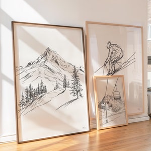 Peut inclure: Trois dessins au trait en noir et blanc encadrés représentant des scènes d'hiver. Le premier dessin montre une chaîne de montagnes avec des arbres. Le deuxième dessin montre un skieur descendant une pente. Le troisième dessin montre un télésiège avec deux gondoles.