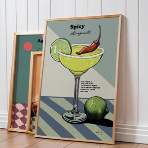 Impresión de margarita picante: arte mural para comedor, póster de cócteles, arte de cocina, arte de bar, póster de margarita picante, regalo de inauguración, impresión de arte retro, retro