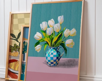 Impressão de tulipa de flor, arte de parede de flores boho, pôster de flores, impressão de sala de estar, decoração de parede de quarto, impressões florais abstratas modernas, impressão guache