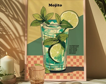 Mojito Cocktail Print - Dining Wall Art, Cocktail Poster, Kitchen Art, Bar Art, Negroni Poster, Housewarming Gift, Retro Art Print, Retro