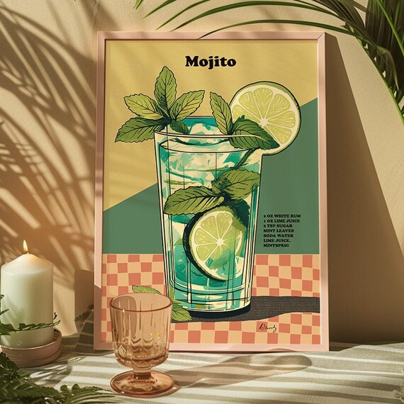 Mojito Cocktail Print - Dining Wall Art, Cocktail Poster, Kitchen Art, Bar Art, Negroni Poster, Housewarming Gift, Retro Art Print, Retro