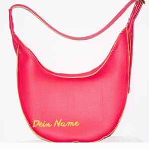 Mondtasche pink gelb, Schultertasche, Damentasche, runde Tasche, Umhängetasche, Crossbody bag, moonbag, nachhaltig, Unikat, Halbmondtasche