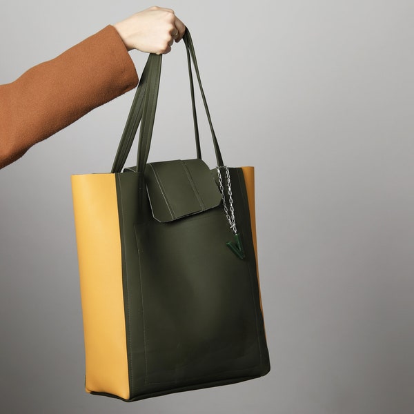 big leather bag green,big shopper bag,school bag teen,green big bag,sustainable leather bag green