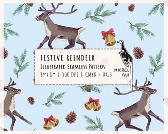 Holiday Seamless Pattern with Festive Reindeer Illustrations for Printing on Fabric or Paper