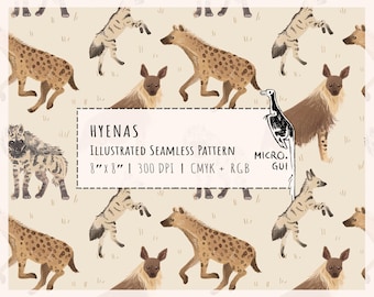 Motif harmonieux de hyènes avec illustrations de loups-garous, hyènes tachetées, rayées et brunes pour impression sur tissu ou papier