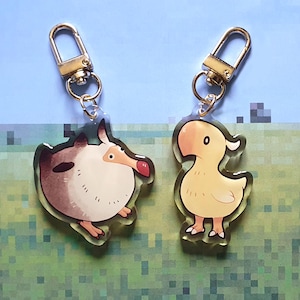 May include: Two acrylic keychains with gold-colored clasps. One keychain features a cartoon dodo bird with brown, white, and red accents. The other keychain depicts a yellow cartoon chick with orange beak and feet. Both are on a blue and green background.