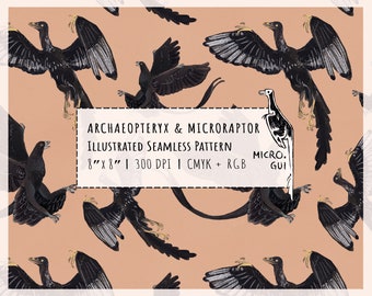 Modèle sans couture de dinosaure avec des illustrations d'archéoptéryx et de microraptor pour l'impression sur tissu ou papier