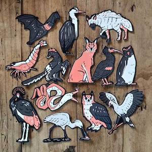 Könnte beinhalten: Eine Sammlung von Aufklebern mit verschiedenen Tieren, darunter eine Fledermaus, eine Hyäne, ein Karakal, eine Eule und ein Pinguin. Die Aufkleber haben ein schwarz-weißes und korallenfarbenes Farbschema und sind auf einer Holzoberfläche angeordnet.