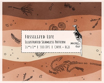 Modèle sans couture de vie fossilisée avec des illustrations de différents fossiles d'animaux et de plantes