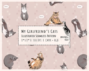 Modèle sans couture de chat avec des illustrations de chats gris et tigrés pour l'impression sur tissus ou papier