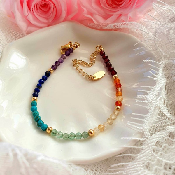 7 Stone Chakra Gemstone Bracelet - 14K Gold Filled - Healing Bracelet,Spiritual Gift,Yoga Lover Gift,Reiki,Rainbow Bracelet,Chakra Jewellery