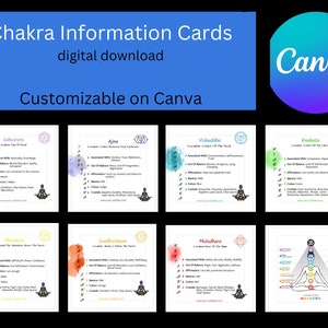 Conjunto de información de chakras, tarjetas de chakras editables, tarjetas de chakras imprimibles, tarjetas de chakras 3x3, tarjetas de chakras Canva, tarjetas de chakras Instand Downlad