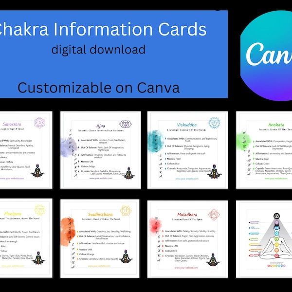 Conjunto de información de chakras, tarjetas de chakras editables, tarjetas de chakras imprimibles, tarjetas de chakras 3x3, tarjetas de chakras Canva, tarjetas de chakras Instand Downlad