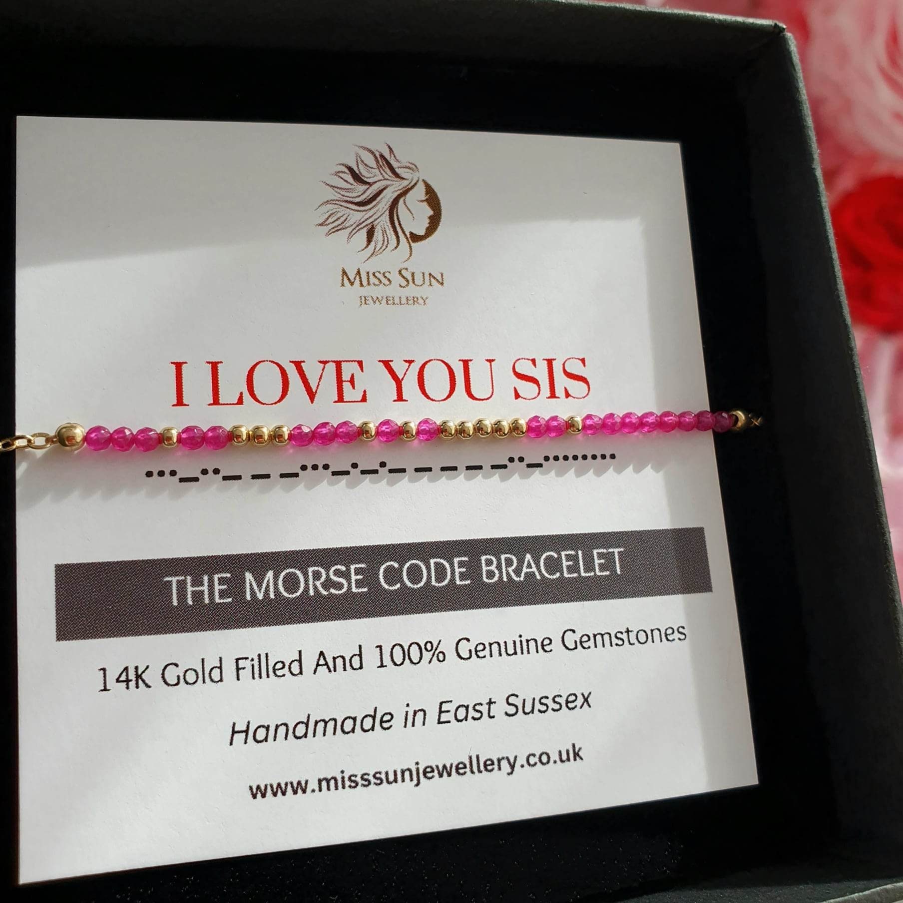 Morse Code I LOVE YOU SIS Ruby gemstone Bracelet 14K Gold Filled ...