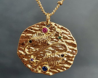Fiskarna - Medaljonghalsband - Guldfyllt - Horoskophalsband, Stjärnteckenhalsband, Astrologihalsband, Andlig gåva, Stjärnhalsband, Stjärntecken