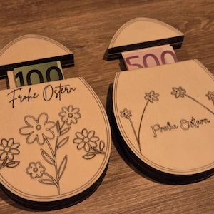2 Stück Geldgeschenk Osterei für Geldscheine zu Ostern, der Wunscherfüller Geschenkkarte aus Holz