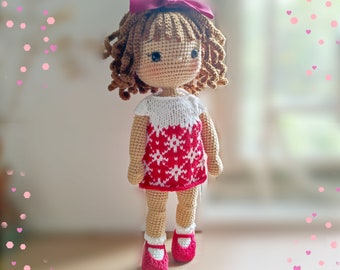 Poupée de Noël, poupée au crochet de 14 pouces, cadeau d'anniversaire pour les filles, poupée cheveux bruns, poupée cheveux blonds au crochet, poupée amigurumi, poupée au crochet à vendre