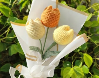 Crochet Tulip Bouquet, Set of 3 Handmade Flowers, Home Decor