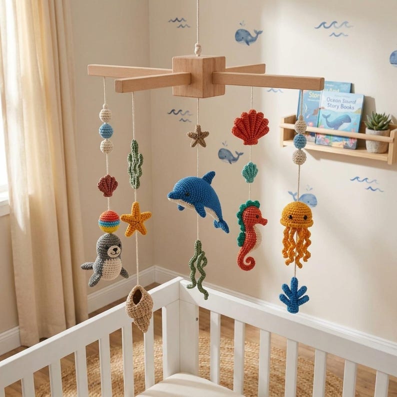 May include: A wooden nursery mobile featuring crocheted sea creatures including a blue dolphin, orange seahorse, yellow jellyfish, gray seal, and various shells, starfish, and seaweed shapes suspended from a central wooden cross frame.